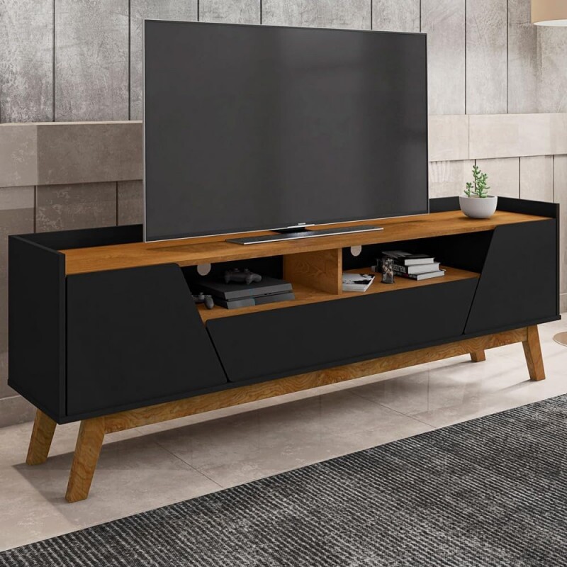 Rack Sala Florença para Tv até 70 Polegadas com Pés Madeira Bechara Preto Fosco/Naturale