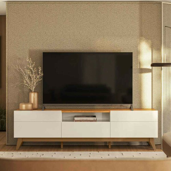 Rack para Tv de até 75 Polegadas  2 Portas 1 Gaveta com Nichos Diadema  Off white/ Canela Mobler