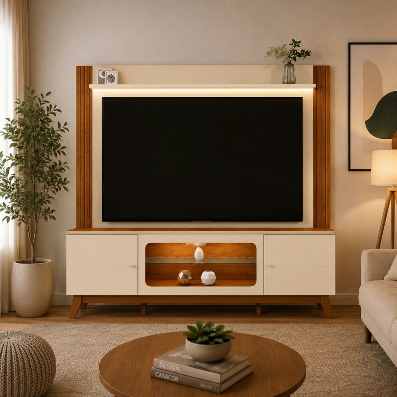Home Para Tv até 70" 2 Portas com Led Maceió Off White/Canela Mobler Home Para Tv até 70" 2 Portas com Led Maceió Off White/Canela Mobler