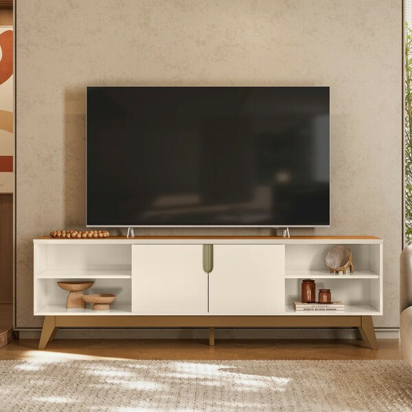 Rack para Tv de até 75 Polegadas 2 Portas com Nichos Campinas Off white/ Canela Mobler Rack para Tv de até 75 Polegadas 2 Portas com Nichos Campinas Off white/ Canela Mobler