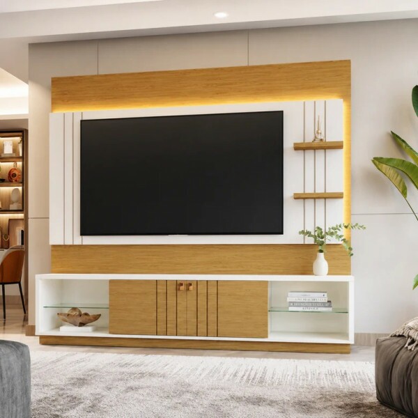 Home Para Tv até 60" 2 Portas Com Led Guaiba Off White/ Canela Mobler Home Para Tv até 60" 2 Portas Com Led Guaiba Off White/ Canela Mobler
