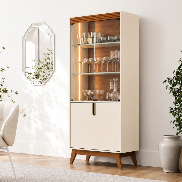 Cristaleira 4 Portas Led Paraty Off White/Canela Mobler Cristaleira 4 Portas Led Paraty Off White/Canela Mobler