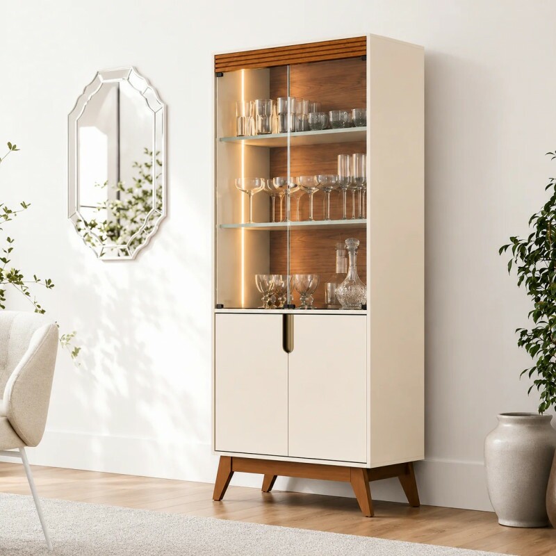 Cristaleira 4 Portas Led Paraty Off White/Canela  Mobler