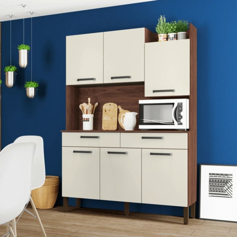 Armário de Cozinha Kit 6 Portas 2 Gavetas Modena Nogueira/Off White - Kits Paraná