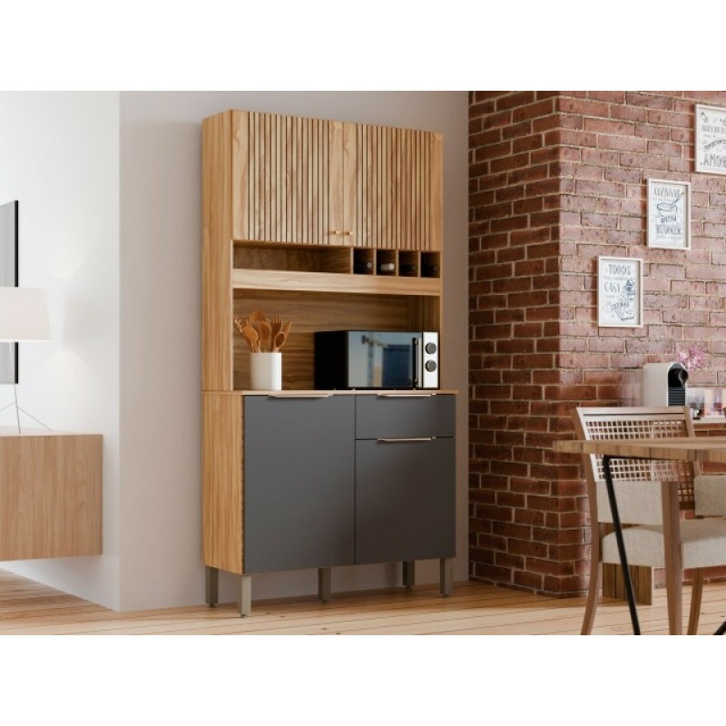 Armário de Cozinha Kit 4 Portas 1 Gaveta em MDF Ronipa Moscato Amendoa/Chumbo