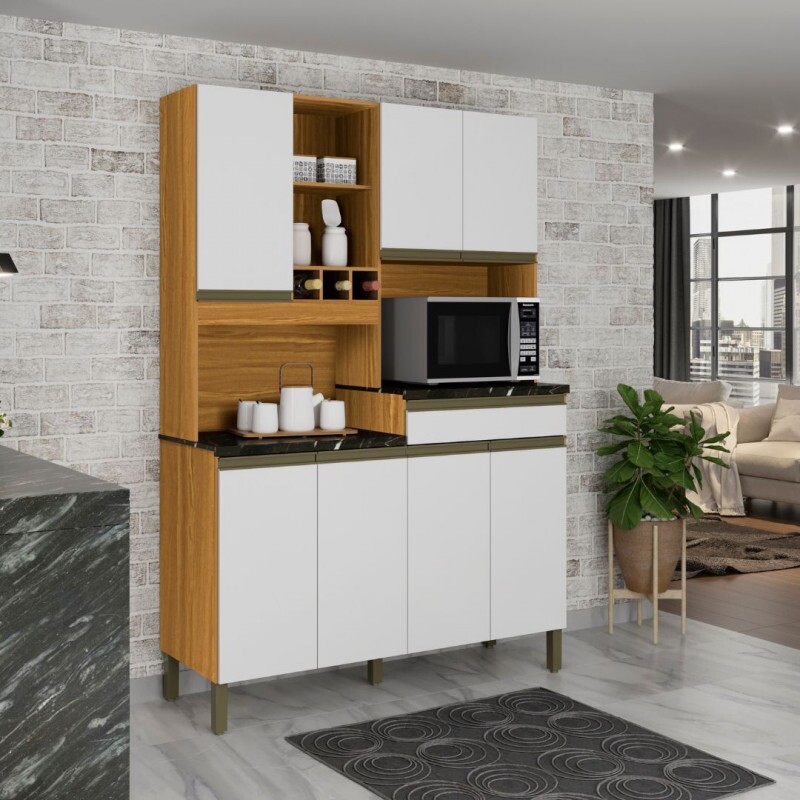 Armário de Cozinha Kit em MDF 7 Portas 1 Gaveta Ronipa Verdot Perfil Amendoa/Branco