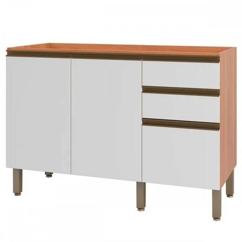 Balcão de Cozinha para Pia 120cm 2 Portas 3 Gavetas Freijó/Branco Macadâmia Telasul