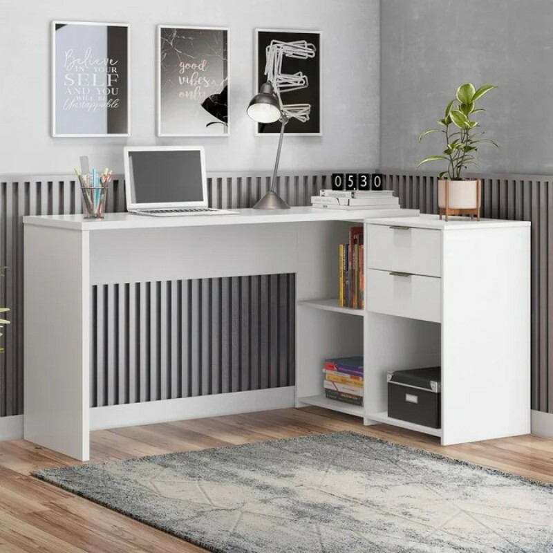 Mesa de Escritório Canto em L Articulada com 2 Gavetas Notável Oficce NT2060 Branco