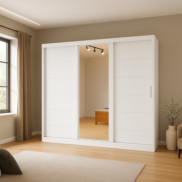 Guarda Roupa Casal com Espelho 3 Portas de Correr em MDF Capri Branco - Bianchi