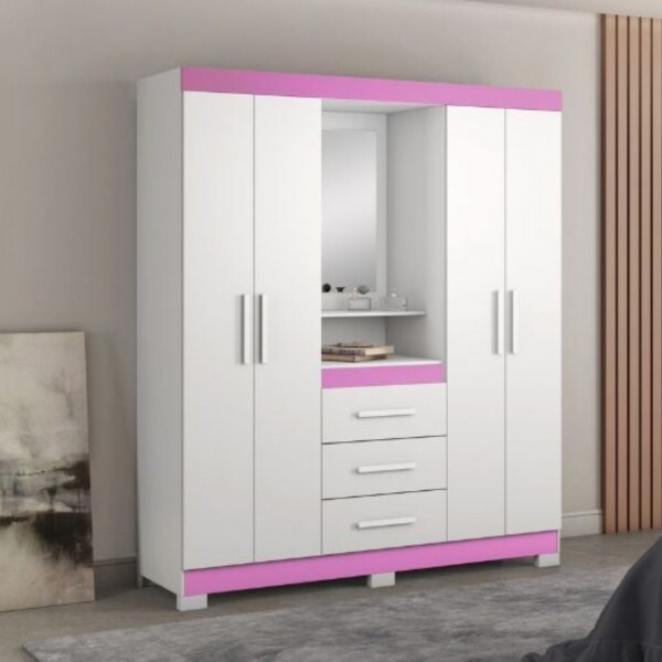 Guarda Roupa Solteiro 4 Portas 3 Gavetas NT5015 Notável Móveis - Branco/ Rosa