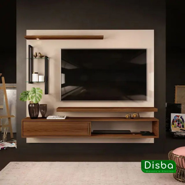 Painel para TV até 60" com LED e Prateleiras em Vidro Mila DJ Móveis - Off White/Marroquim Painel para TV até 60" com LED e Prateleiras em Vidro Mila DJ Móveis - Off White/Marroquim