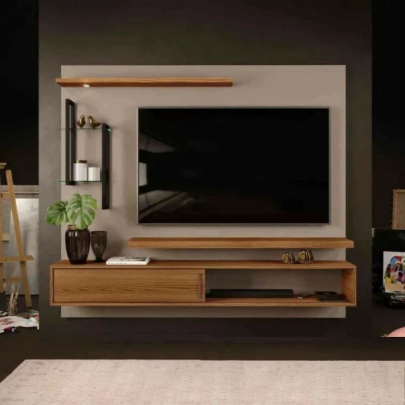 Painel para TV até 60" com LED e Prateleiras em Vidro Mila DJ Móveis - Griz/Carvalho Nobre