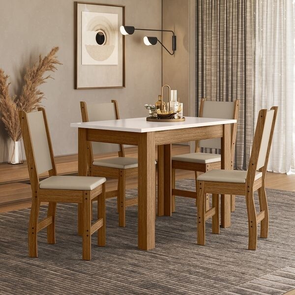 Conj. Mesa Bellagio 108x68cm, c/ 4 Cadeiras Clara, Carvalho/ Off white - Poliman