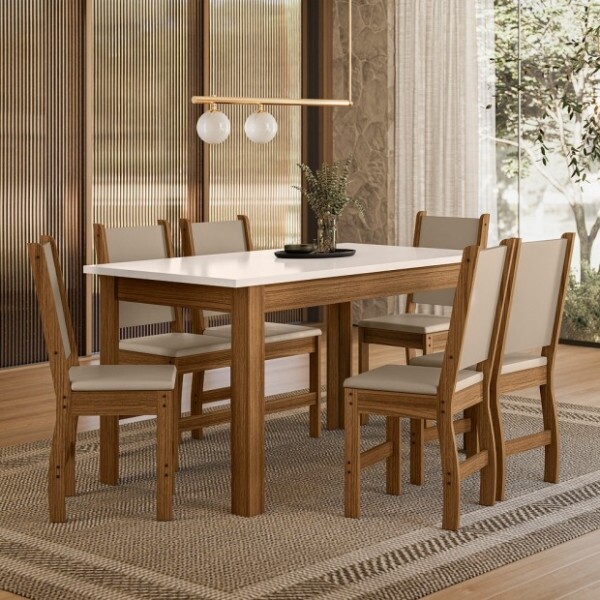 Conj. Mesa Bellagio 150x77cm, c/ 6 Cadeiras Clara, Carvalho/ Off white - Poliman