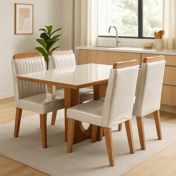 Conjunto para Sala de Jantar 135x90cm Frisa com 04 Cadeiras Riviera Castanho / Off White- LJ Moveis Conjunto para Sala de Jantar 135x90cm Frisa com 04 Cadeiras Riviera Castanho / Off White- LJ Moveis