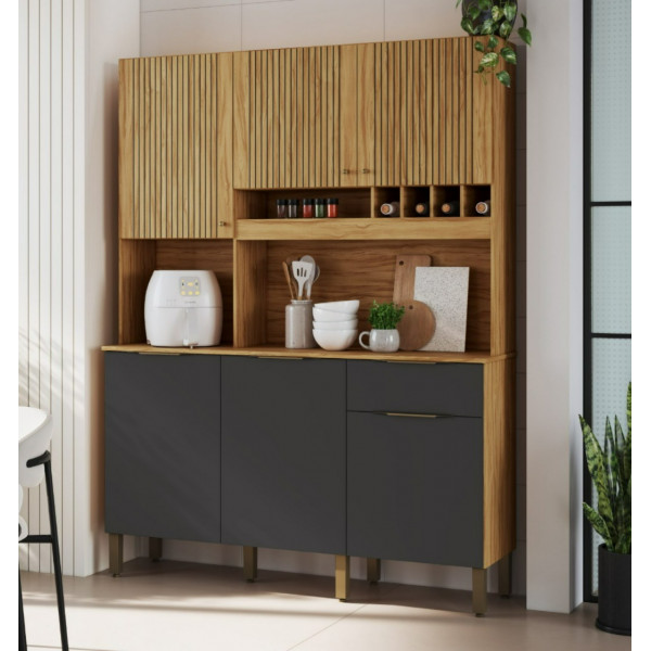 Armário de Cozinha Kit 6 Portas 1 Gaveta em MDF Ronipa Moscato Amendoa/Chumbo