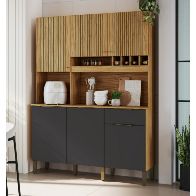 Armário de Cozinha Kit 6 Portas 1 Gaveta em MDF Ronipa Moscato Amendoa/Chumbo